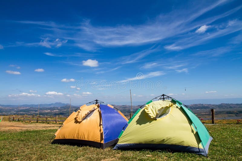 Tent On A Grass Under Blue Sky Stock Photo - Image of campsite, leisure ...