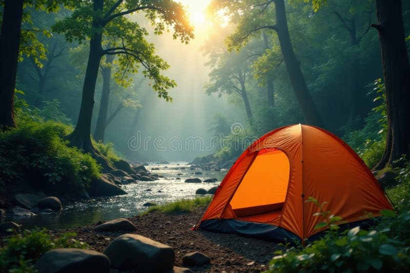 Tent i närheten av regnskogsströmmens mistfulla morgonsemesternatur stock illustrationer