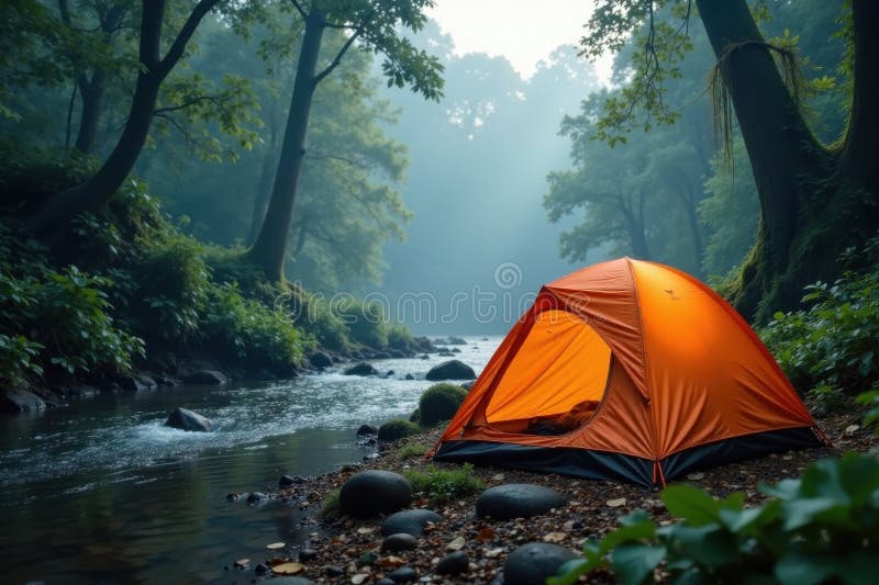 Tent placerad nära regnskogsström misty Morgonsoläventyr stock illustrationer