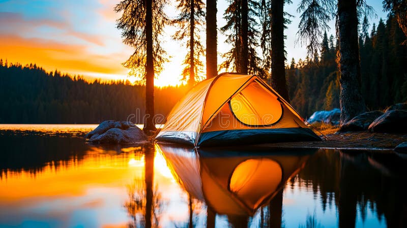 Un cort este instalat pe țărmul unui lac la apus royalty free stock photo