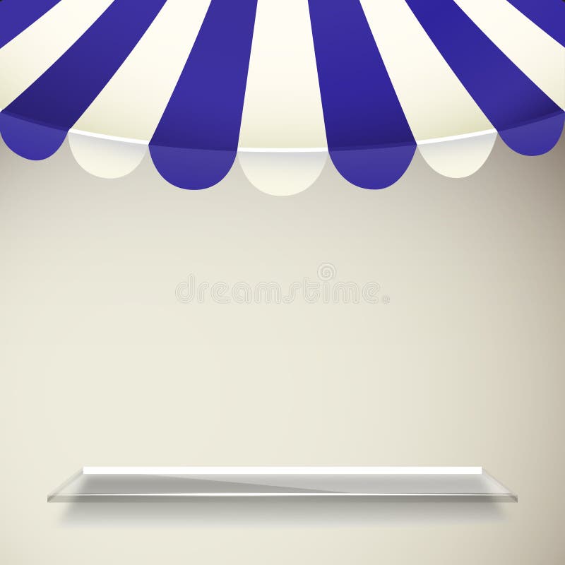Tente de boutique de bande de bleu et de blanc avec l'étagère transparente illustration stock Tente de boutique de bande de bleu et de blanc avec l'étagère transparente illustration stock