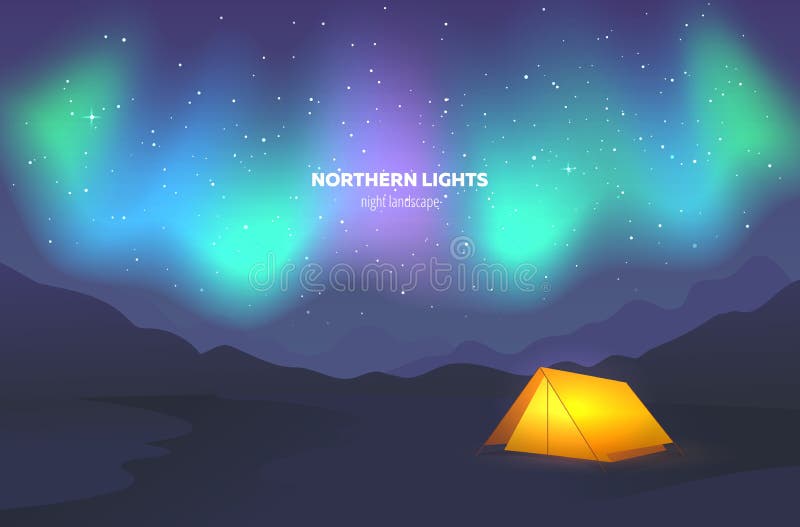 Tente de camp sous le ciel nocturne Paysage avec de belles lumières du nord Illustration de vecteur illustration stock Tente de camp sous le ciel nocturne Paysage avec de belles lumières du nord Illustration de vecteur illustration stock