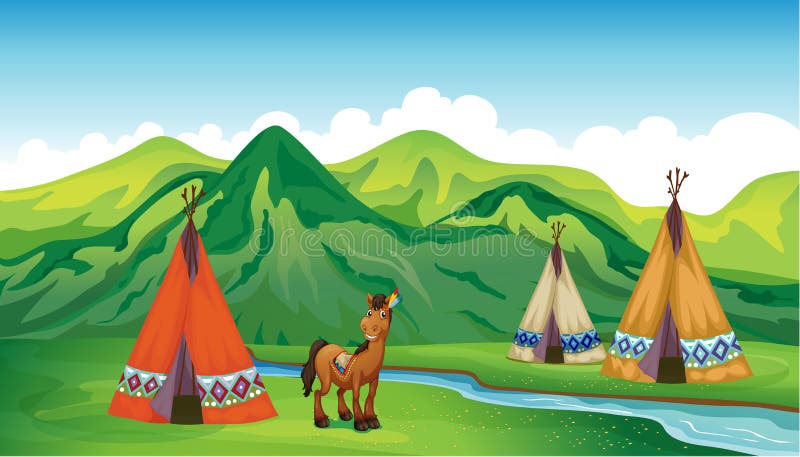 Tenten en een het glimlachen paard vector illustratie Tenten en een het glimlachen paard vector illustratie