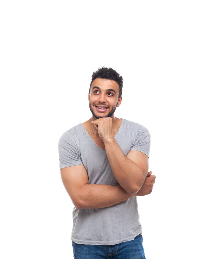 Tenuta bella casuale Chin Look Up Smiling dell'uomo fotografia stock libera da diritti Tenuta bella casuale Chin Look Up Smiling dell'uomo fotografia stock libera da diritti