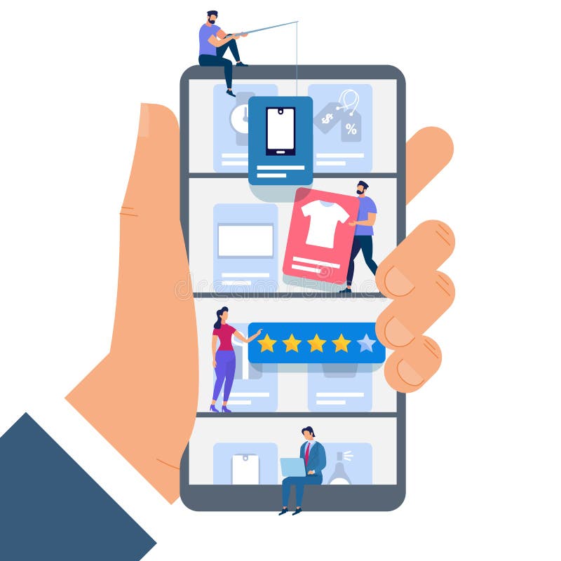 Tenuta Smartphone della mano con la gente minuscola Acquisto illustrazione vettoriale Tenuta Smartphone della mano con la gente minuscola Acquisto illustrazione vettoriale