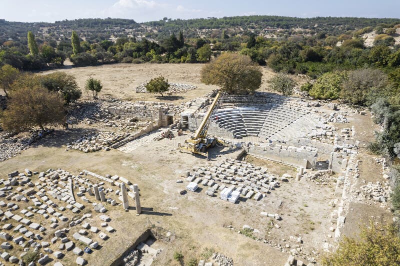 Teos Ancient City Drone view, Seferihisar Izmir Turkey royalty free stock photography