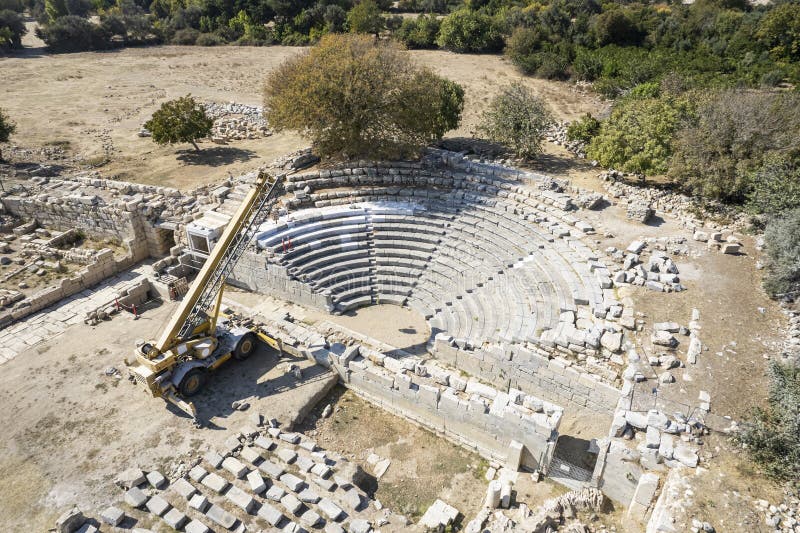 Teos Ancient City Drone view, Seferihisar Izmir Turkey royalty free stock photography
