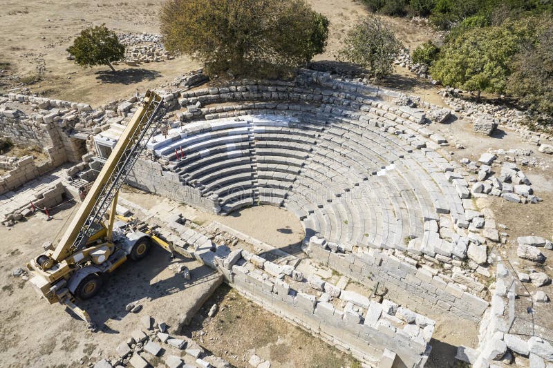 Teos Ancient City Drone view, Seferihisar Izmir Turkey royalty free stock image