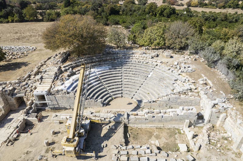 Teos Ancient City Drone view, Seferihisar Izmir Turkey royalty free stock photo