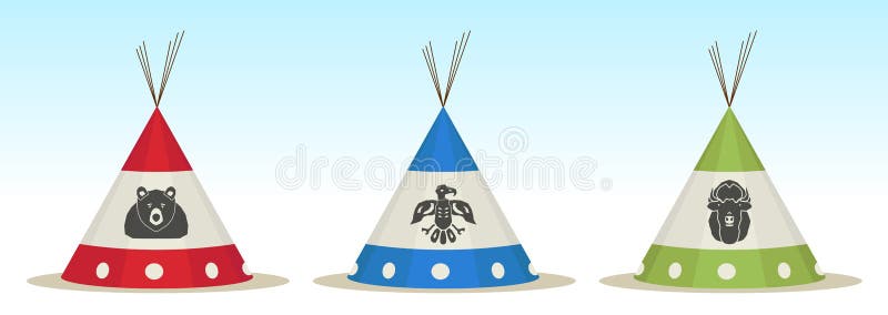 3 Tepee houses with animals draw. Blue buffalo vectors