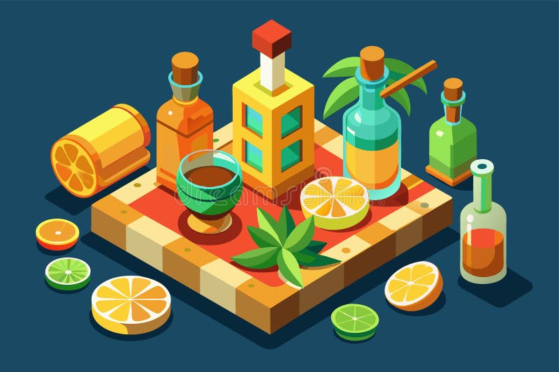 A Tequila Bottle, Glass of Orange Juice, and Lemonade Bottle on a Table