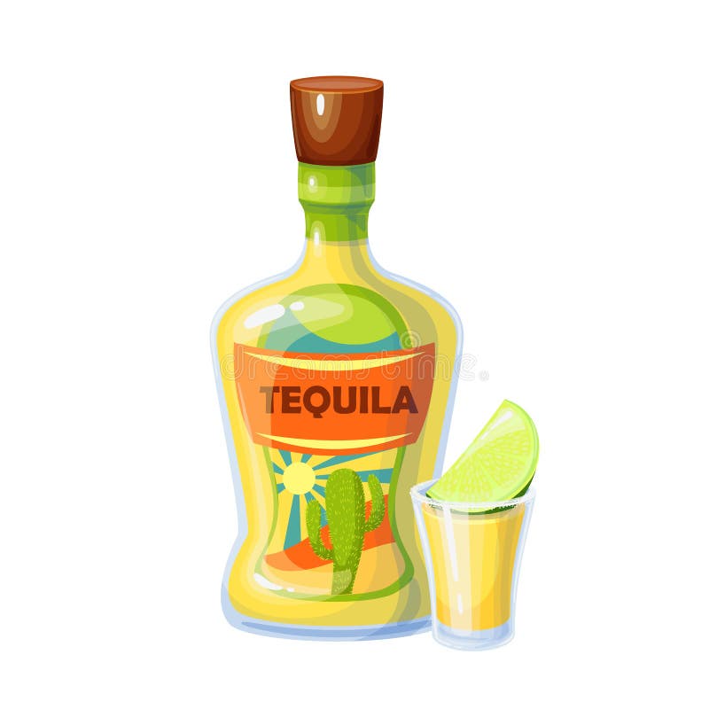 Tequila Bottle and Shot Glass with Slice of Lime Stock Vector ...