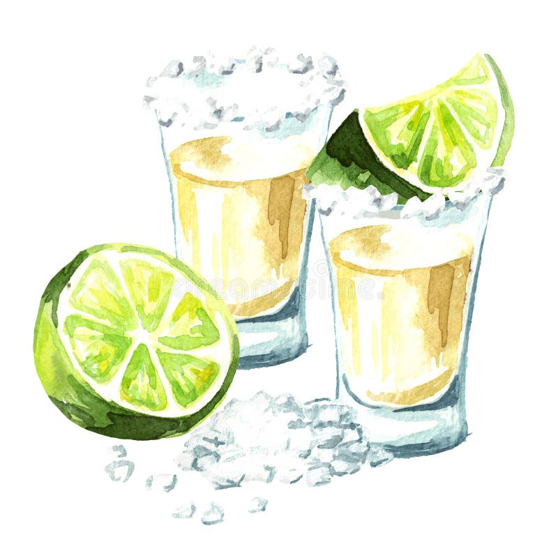 Tequila Shot with Lime and Salt. Hand Drawn Watercolor Illustration ...