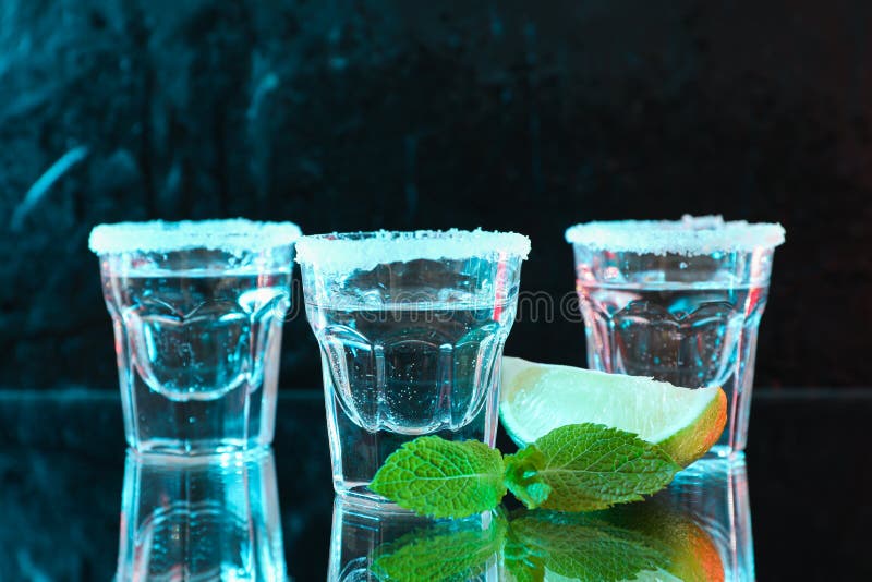 Tequila Shots with Salt, Lime Slice and Mint Stock Image Image of