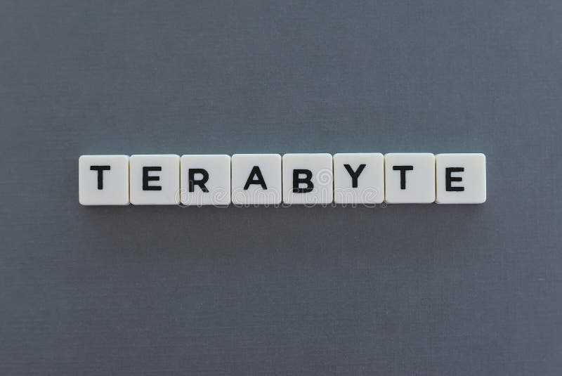 Terabyte word made of square letter word on grey background stock image
