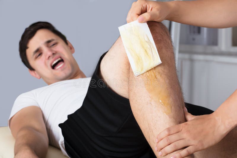 Man Screaming In Pain While Waxing Leg With Wax Strip. Man Screaming In Pain While Waxing Leg With Wax Strip