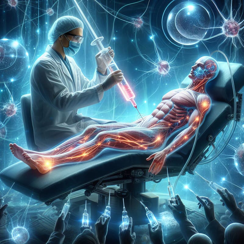 Stem Cell Therapy A scene where a character infuses a person with regenerative stem cells, triggering a powerful rejuvenation process, photorealistic. Stem Cell Therapy A scene where a character infuses a person with regenerative stem cells, triggering a powerful rejuvenation process, photorealistic