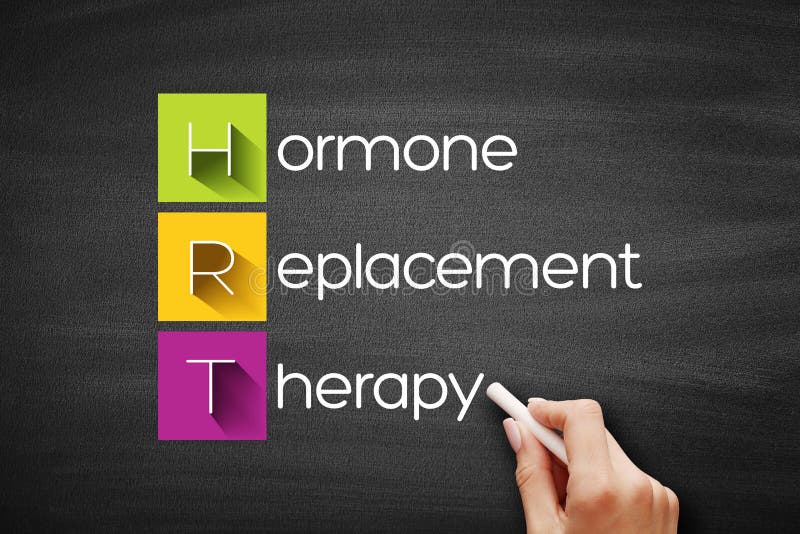 HRT - Hormone Replacement Therapy acronym, medical concept background on blackboard. HRT - Hormone Replacement Therapy acronym, medical concept background on blackboard