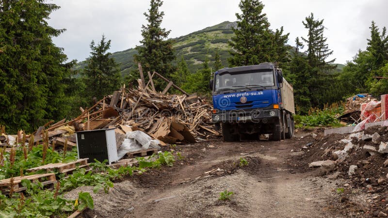 TERCHOVA, SLOVAKIA - JULY 3, 2021: Slovakia mountain hut `Chata pod Chlebom` in reconstruction. Mala Fatra. TERCHOVA, SLOVAKIA - JULY 3, 2021: Slovakia mountain hut `Chata pod Chlebom` in reconstruction. Mala Fatra