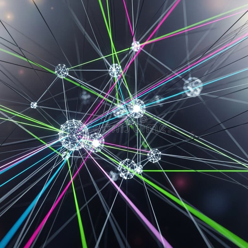 Terconnected, illuminated geometric spheres linked by colorful lines against royalty free illustration