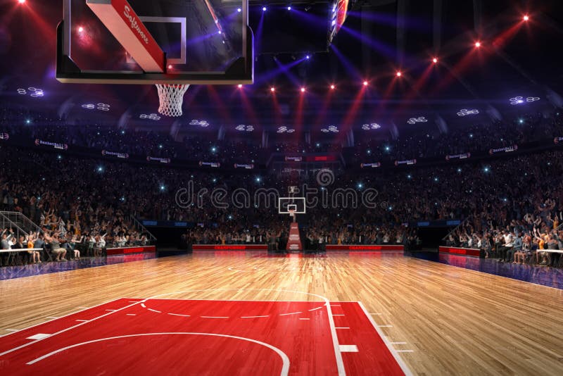 Teren de baschet pentru oameni. fundal sport arenaphotoreal 3d redare. albastru în distanțier lung înclinat înclinat optic vector illustration
