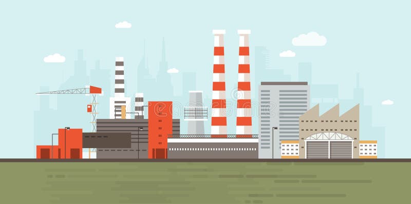 Industrial park or zone with factory buildings, manufacturing structures, power plants, warehouses, cooling towers against city skyline in background. Flat cartoon colorful vector illustration. Industrial park or zone with factory buildings, manufacturing structures, power plants, warehouses, cooling towers against city skyline in background. Flat cartoon colorful vector illustration