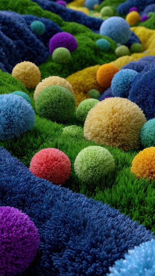 Terenul abstract de bile colorate pufoase și suprafețe texturate cu peisaje strălucitoare de iarbă stock image