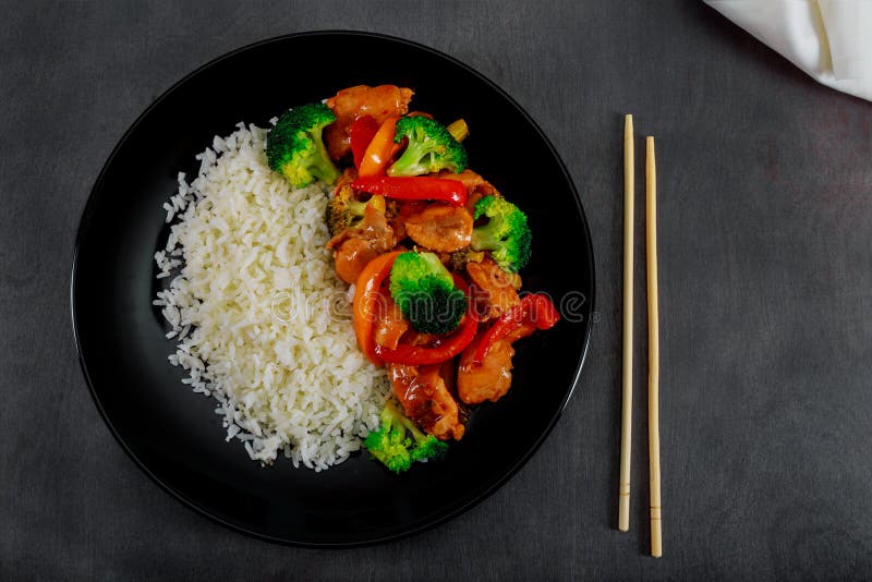teriyaki chicken and broccoli stir fry with rice selective focus stock images teriyaki chicken and broccoli stir fry with rice selective focus stock images