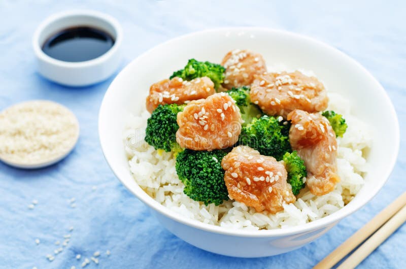 Teriyaki Chicken and Broccoli Stir Fry with Rice Stock Image - Image of