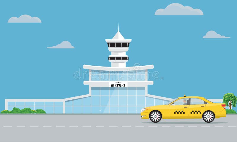 Terminal de aeropuerto y taxi amarillo Diseño del color plano y sólido del fondo urbano ilustración del vector Terminal de aeropuerto y taxi amarillo Diseño del color plano y sólido del fondo urbano ilustración del vector