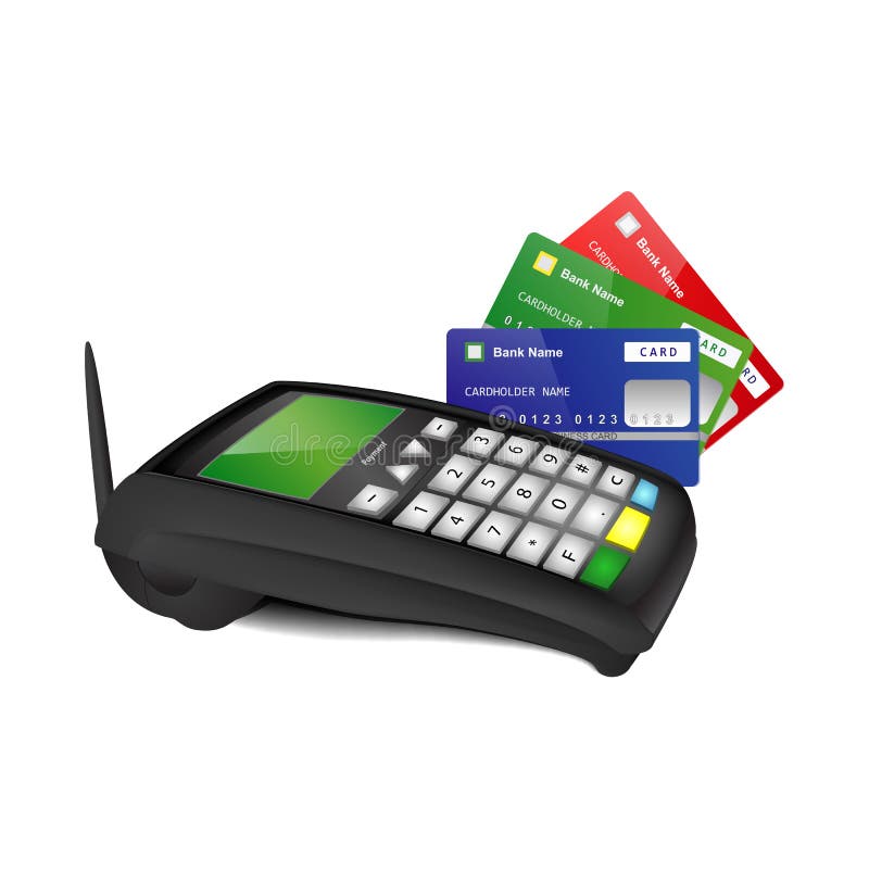 Wireless payment terminal with blue, green and red bank cards isolated on white background. Wireless payment terminal with blue, green and red bank cards isolated on white background