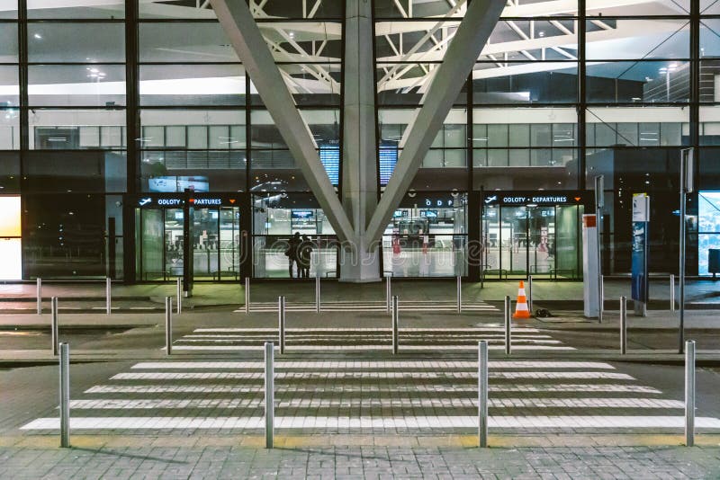 Terminal of Gdansk airport GDN in Poland. Exterior view of The Gdansk Lech Walesa Airport. Gdansk Airport Terminal twilight.