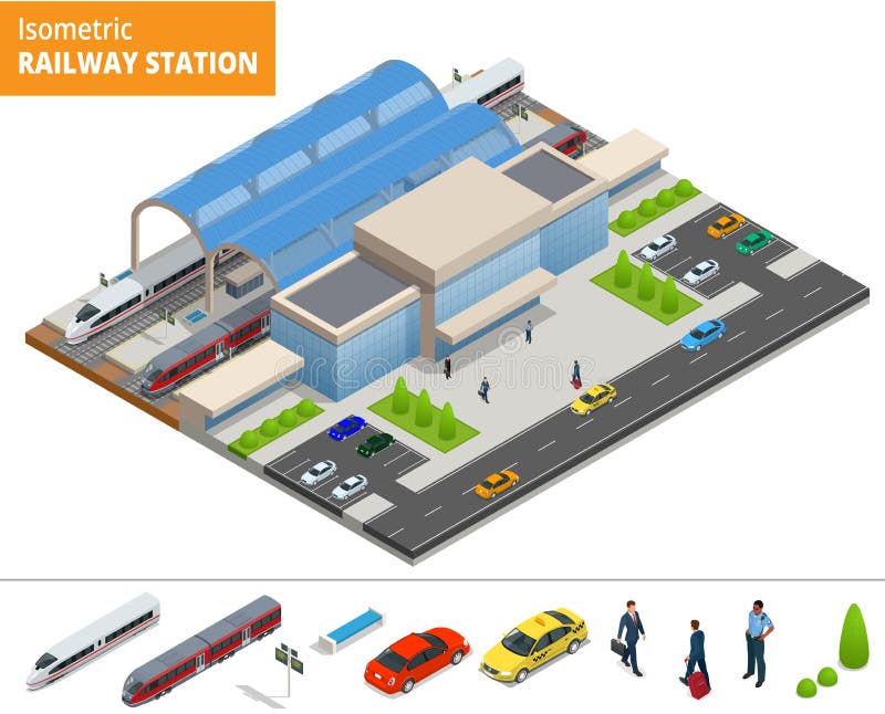Terminal infographic isométrique de bâtiment de gare ferroviaire d'élément de vecteur illustration libre de droits Terminal infographic isométrique de bâtiment de gare ferroviaire d'élément de vecteur illustration libre de droits