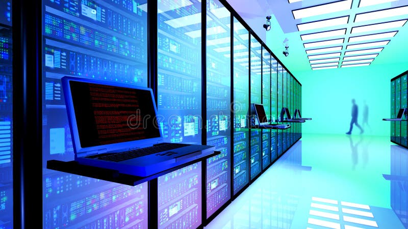 Terminal monitor in server room with server racks in datacenter stock photos