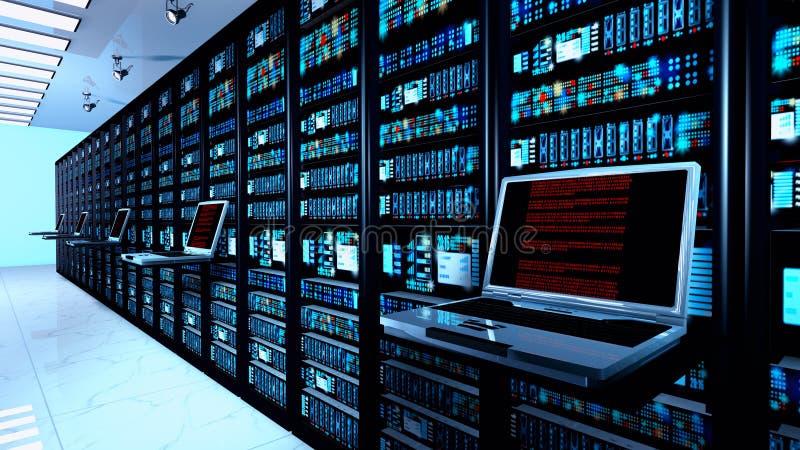 Terminal monitor in server room with server racks in datacenter interior stock photo