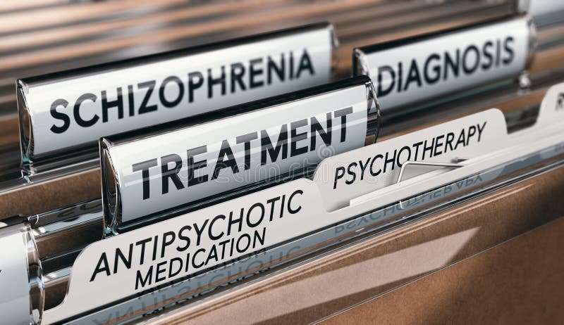 Termini di salute mentale, diagnosi di schizofrenia e trattamento con il farmaco antipsicotico e la psicoterapia illustrazione vettoriale Termini di salute mentale, diagnosi di schizofrenia e trattamento con il farmaco antipsicotico e la psicoterapia illustrazione vettoriale