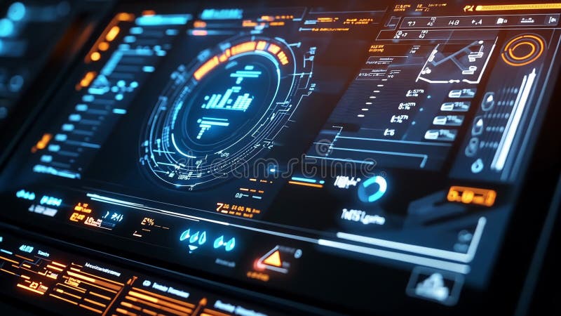 Terministisk bildskärm som visar komplex dataanalys och bearbetningsinformation stock illustrationer