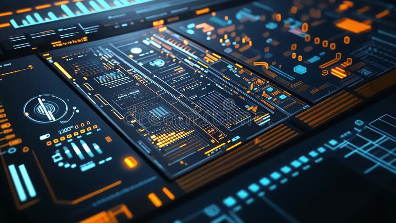 Terministiskt gränssnitt som visar komplexa dataanalyser och systeminformation royaltyfri illustrationer