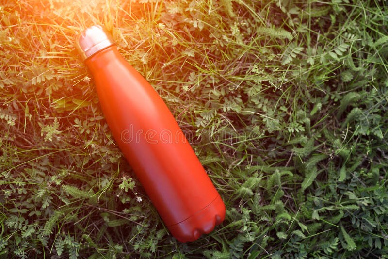 Termo inoxidable de la botella, color rojo En el fondo de la hierba verde imagen de archivo Termo inoxidable de la botella, color rojo En el fondo de la hierba verde imagen de archivo