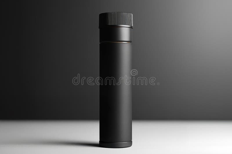 Termofusibili neri in posizione verticale su una superficie minimalista con luce morbida. Un termos nero è esposto in modo visibile in piedi su una superficie di colore leggero circondata da una luce morbida a diffusione che ne evidenzia il design elegante.