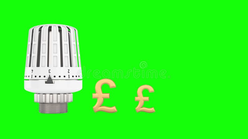 Termostato del calefactor y símbolo libra británica sobre fondo verde. representación 3d aislada