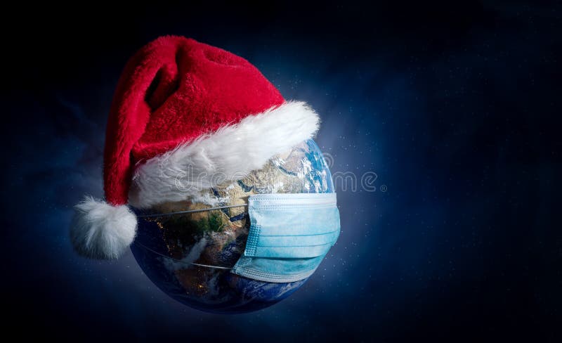 Earth With Surgical Mask and Santa Hat - Virus Infection Covid 19 - World with Coronavirus - Christmas Concept 3D Illustration. Earth With Surgical Mask and Santa Hat - Virus Infection Covid 19 - World with Coronavirus - Christmas Concept 3D Illustration.