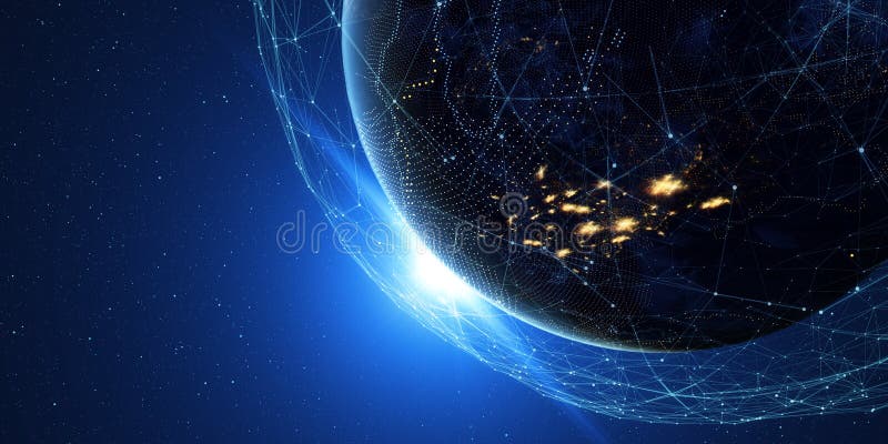 Terra do espaço na noite com um sistema de comunicação digital 3