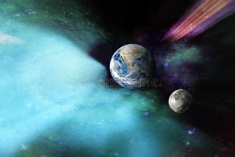 Planet earth and moon on nebula space background. Elements of this image furnished by NASA. Planet earth and moon on nebula space background. Elements of this image furnished by NASA.