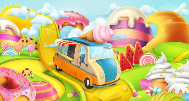 Terra dolce della caramella Camion del gelato Fondo di vettore royalty illustrazione gratis