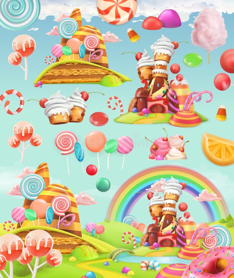 Terra dolce della caramella Fondo del gioco del fumetto Insieme dell'icona di vettore illustrazione di stock Terra dolce della caramella Fondo del gioco del fumetto Insieme dell'icona di vettore illustrazione di stock