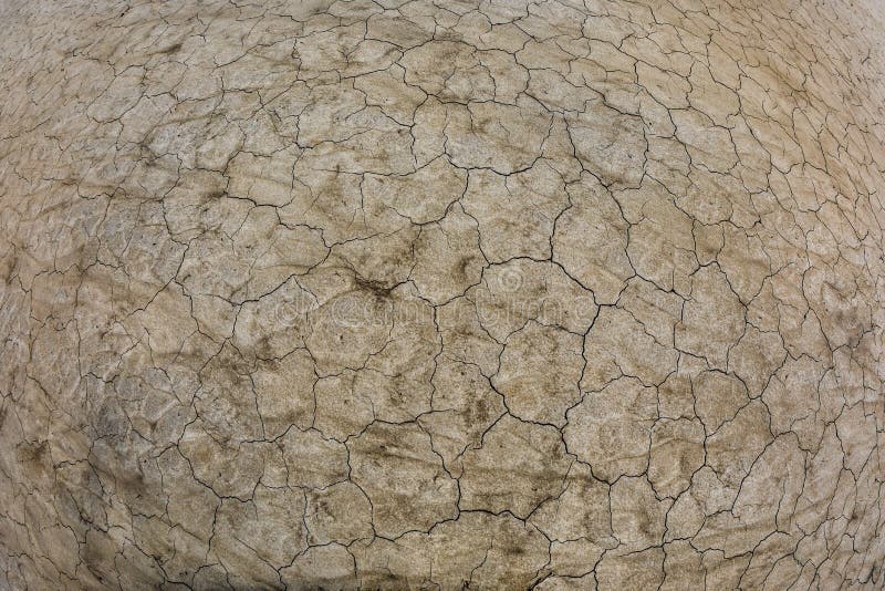 Terra enlameada rachada secada em uma cama de lago com uma opinião superior de lente de fisheye fotografia de stock
