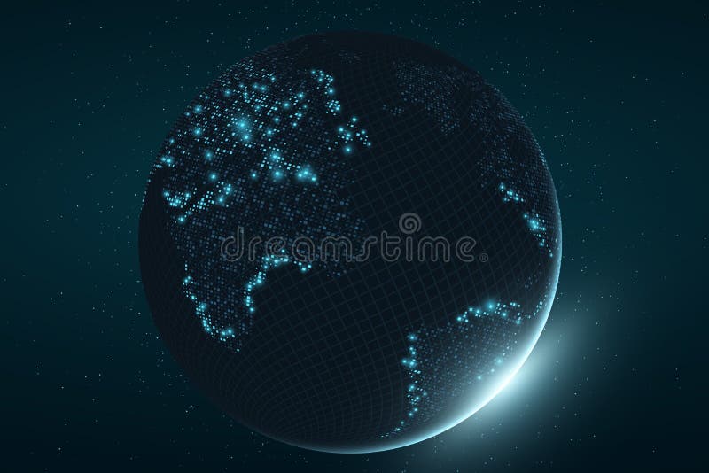 Futuristic planet Earth. Glowing map of square dots. Abstract background. Space composition. Blue glow. High tech. World map. Global network connection. Vector illustration. EPS 10. Futuristic planet Earth. Glowing map of square dots. Abstract background. Space composition. Blue glow. High tech. World map. Global network connection. Vector illustration. EPS 10