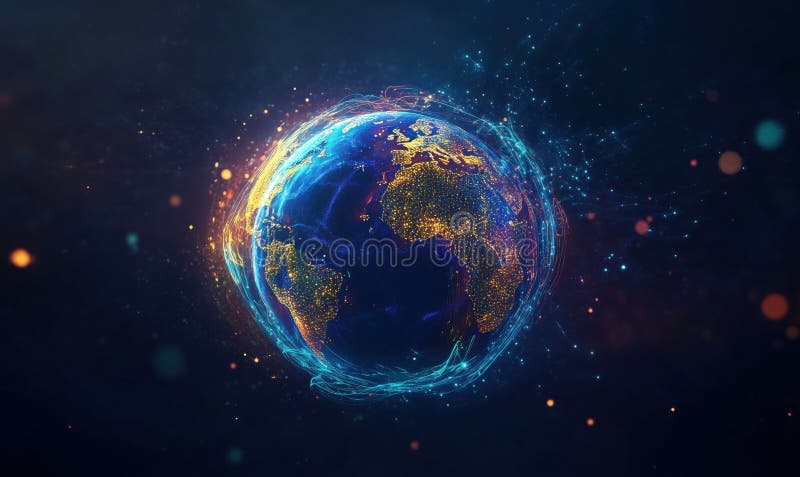Terra torbida con connessioni digitali ed effetti luminosi sullo sfondo scuro. Generato dall'AI