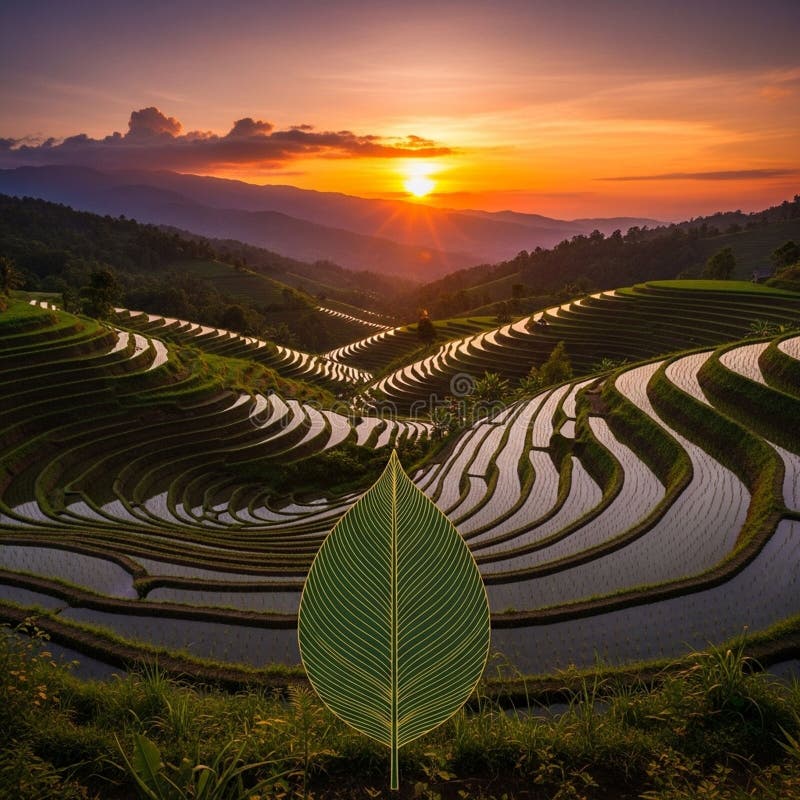 Terraced rice fields at sunset in northern Thailand create a stunning landscape vector illustration